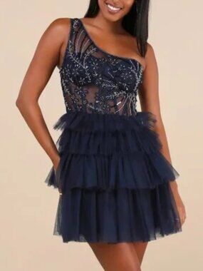 Lulus Fanciful Charm Navy Mesh Beaded Tiered One-Shoulder Mini Dress Size Large